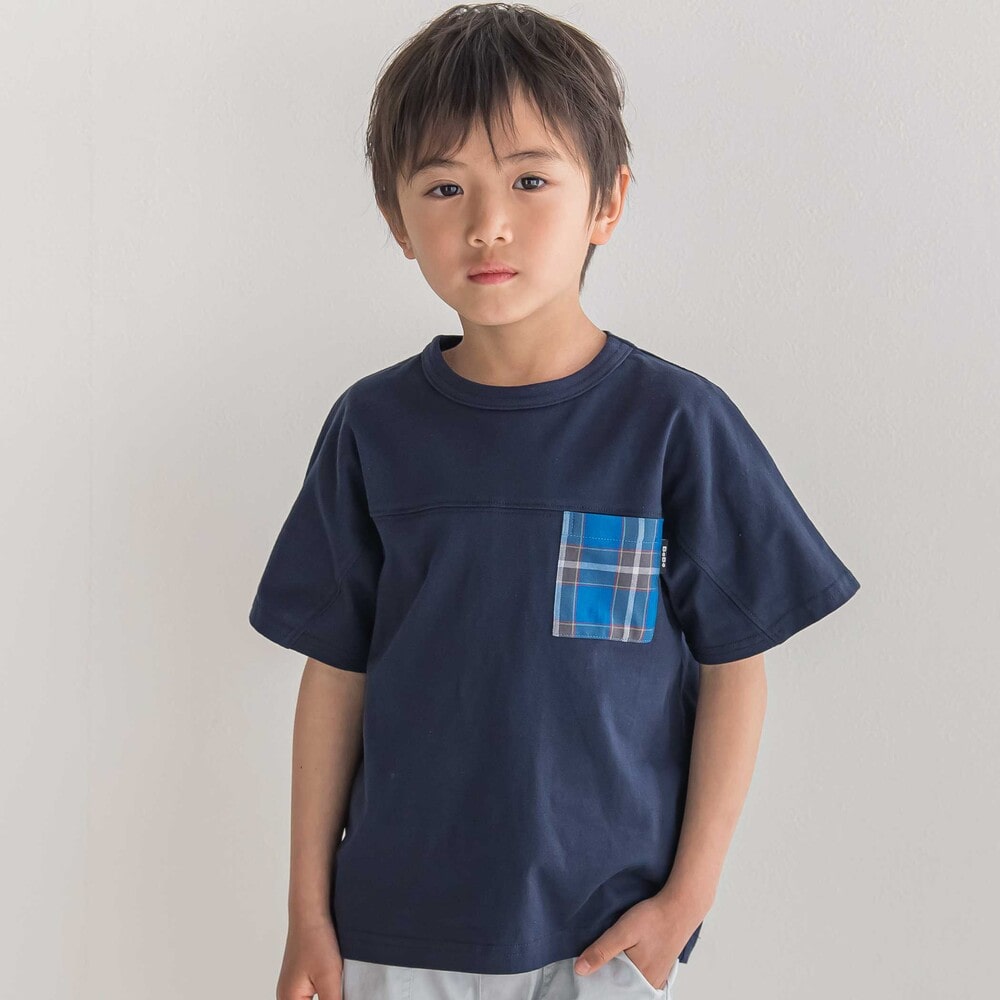 【お揃い】【神戸タータン×BeBe】チェックポケットバックロゴ半袖Tシャツ(90~150cm) ネイビー 90cm