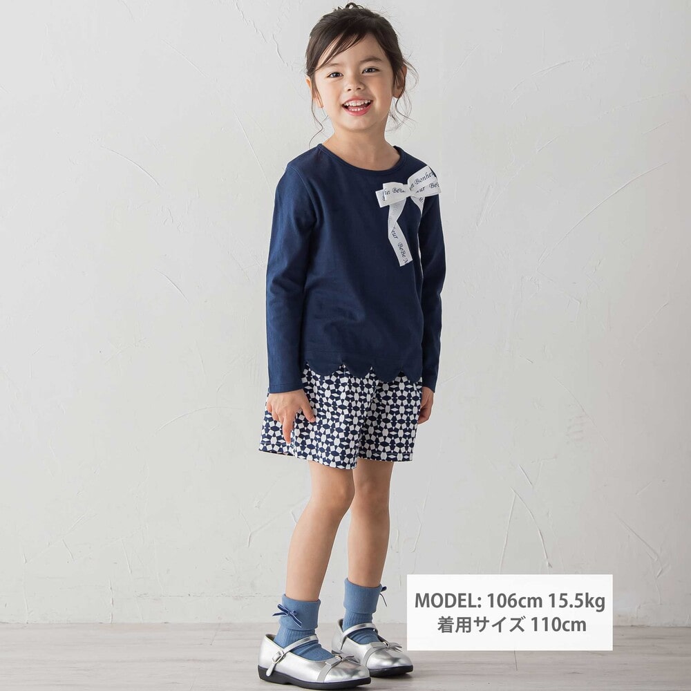 グログランBIGリボンモチーフ裾スカラップ長袖Tシャツ(90~160cm) ネイビー 90cm