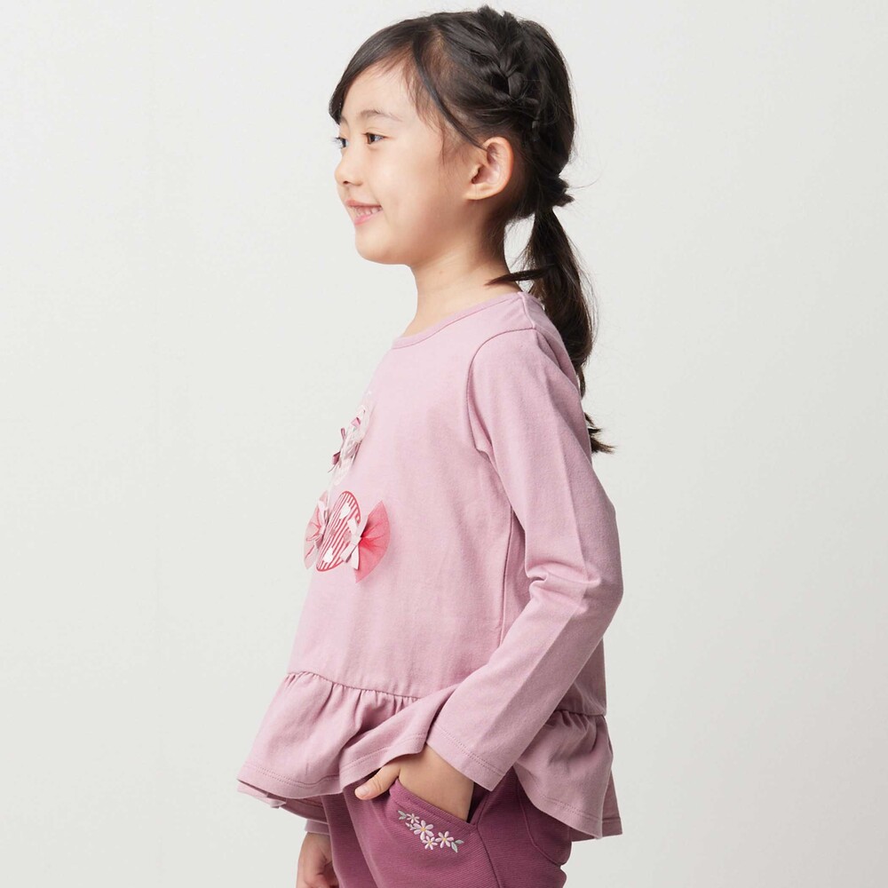 【抗菌・防臭】キャンディプリント裾フリル天竺長袖Tシャツ(90~130cm) ピンク SS(90-100cm)