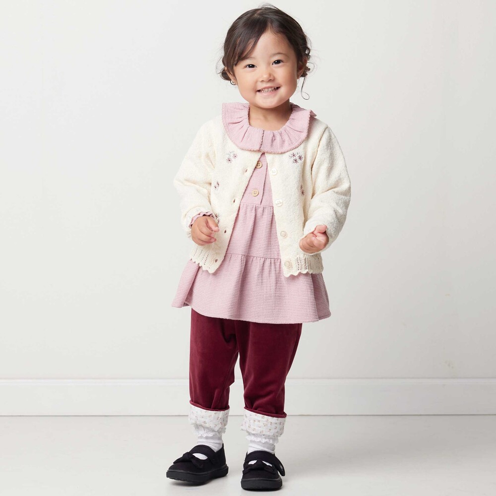 ニットコール裾花柄ロングパンツ(80~90cm) ボルドー 80cm