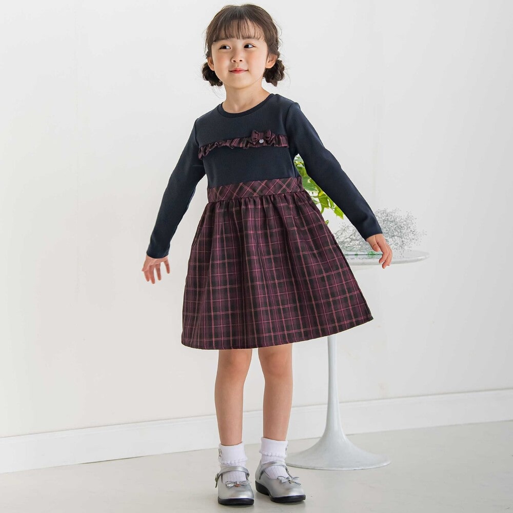 【限定商品】リブ+チェックドッキング長袖ワンピース(95~150cm) ネイビー系 95cm