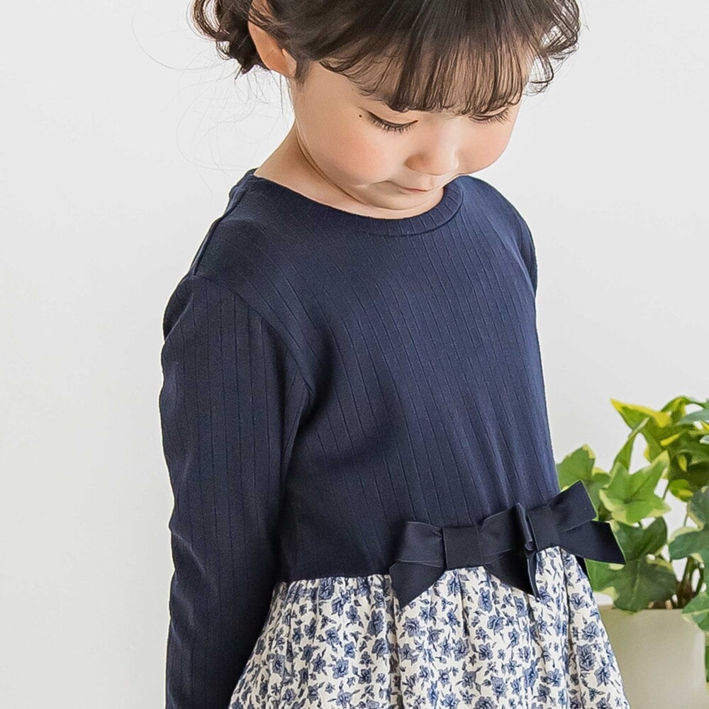 【限定商品】リブ+ネル花柄ドッキング長袖ワンピース(95~150cm) ネイビー系 95cm