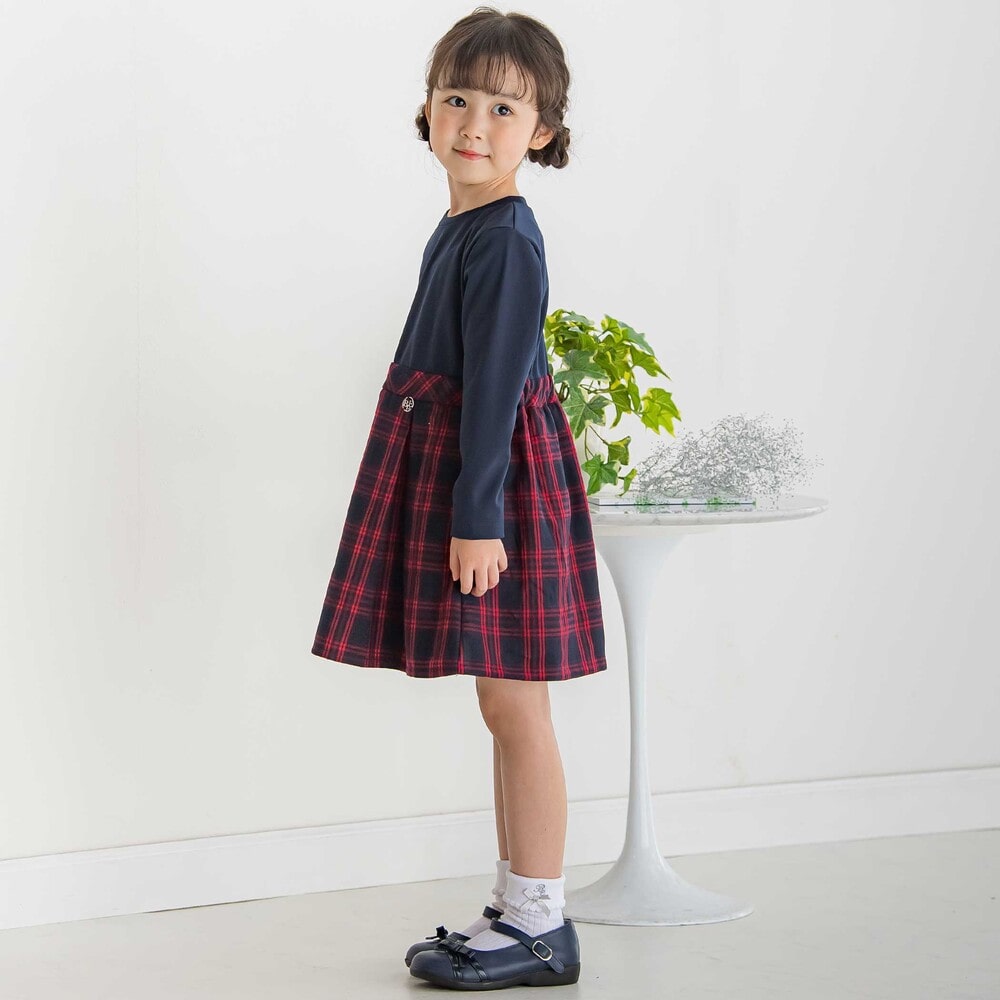 【限定商品】ポンチチェックドッキングワンピース(95~150cm) レッド系 95cm