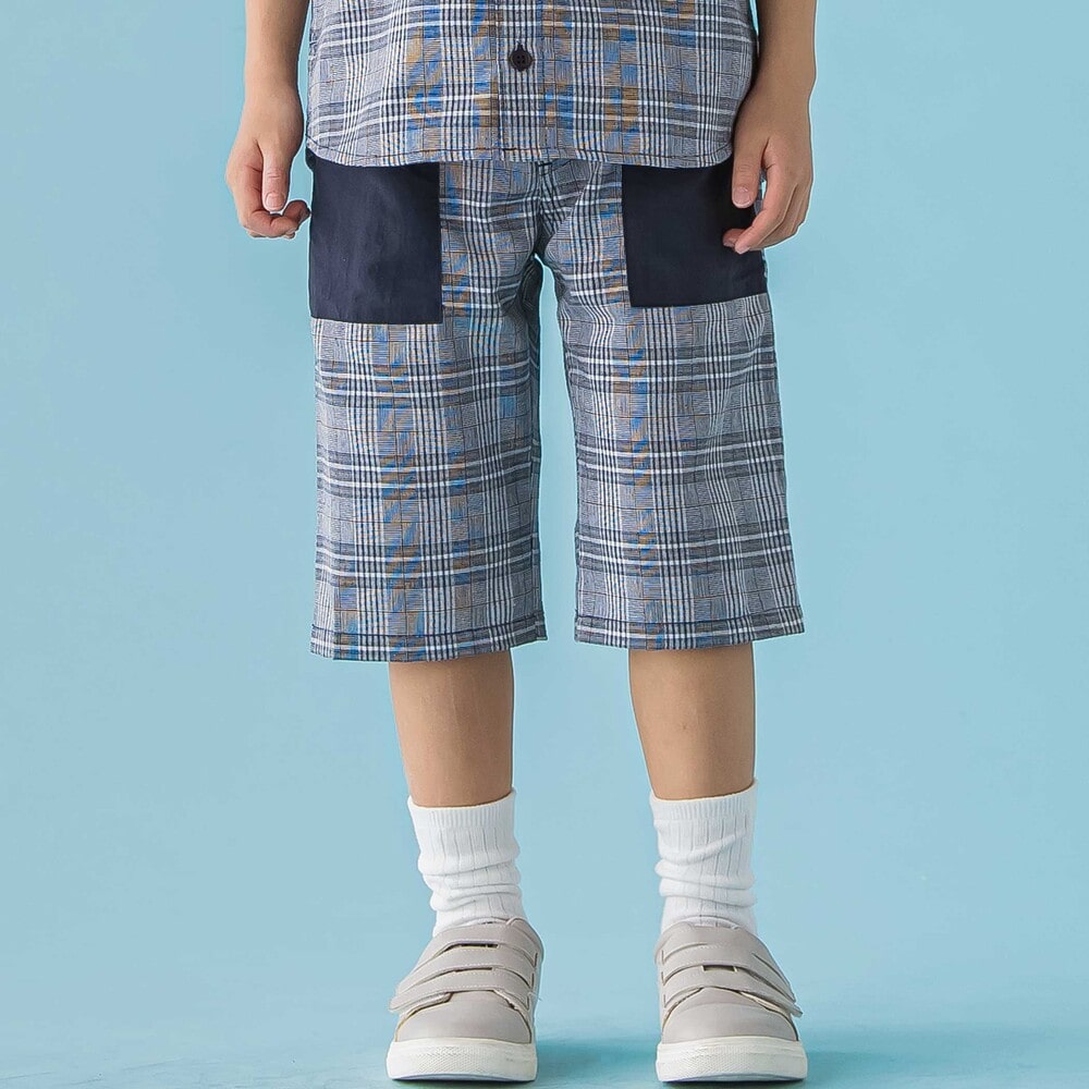 【限定商品】無地×チェックトップス+ショートパンツセットアップ(95~150cm) ブラック系 95cm