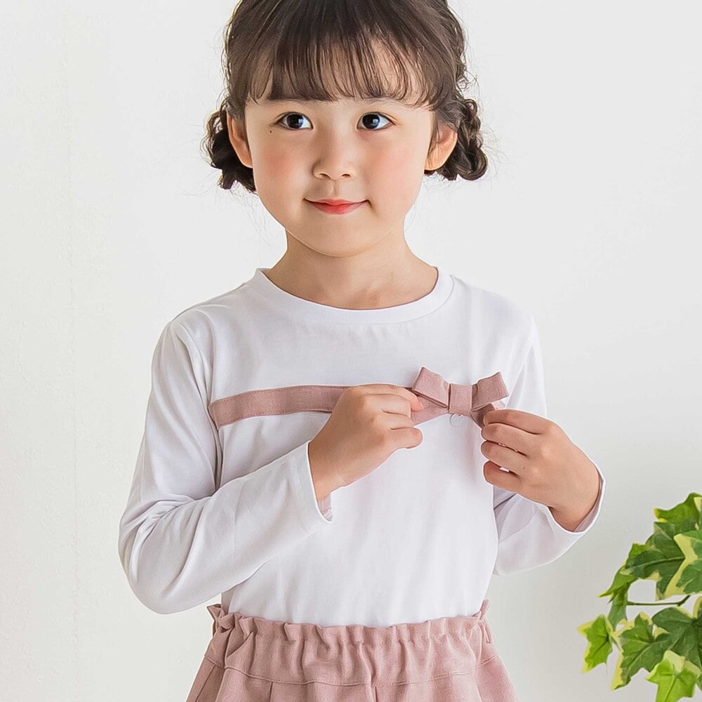 【限定商品】リボン長袖Tシャツ+キュロットセットアップ(95~150cm) ピンク系 95cm