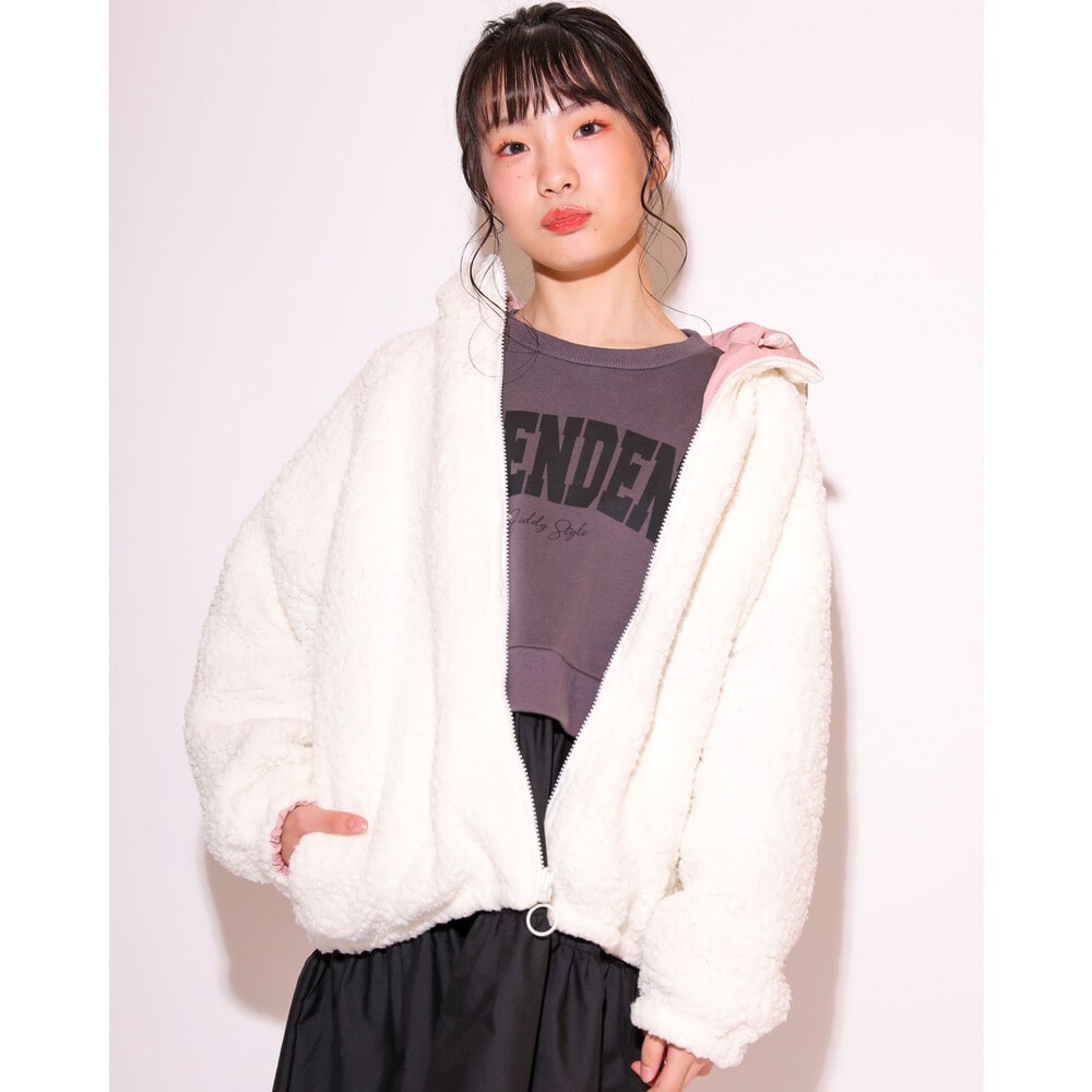 【ニコ☆プチ掲載】 ライン 入り タフタ 裏 ボア リバーシブル 長袖 パーカー (130~160cm) ピンク 130cm