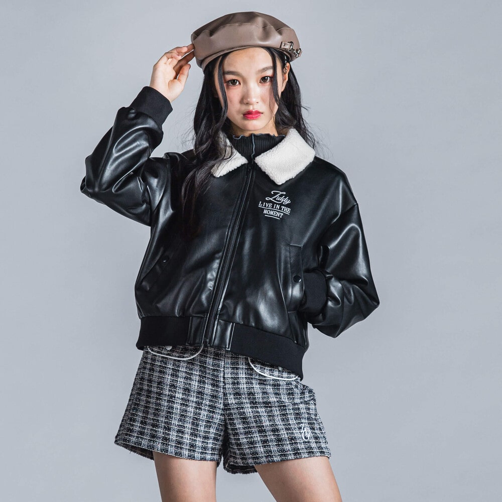 【 ニコ☆プチ 掲載 】ボア襟フェイクレザージップアップブルゾン(130~160cm) ブラック 130cm