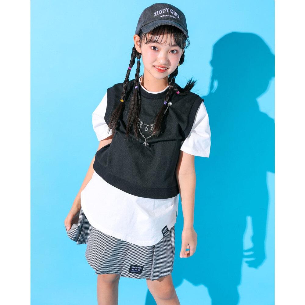 【 ニコ☆プチ 4月号 掲載 】 ネックレス付き ベスト レイヤード風 Tシャツ (130~160cm) ブラック 130cm