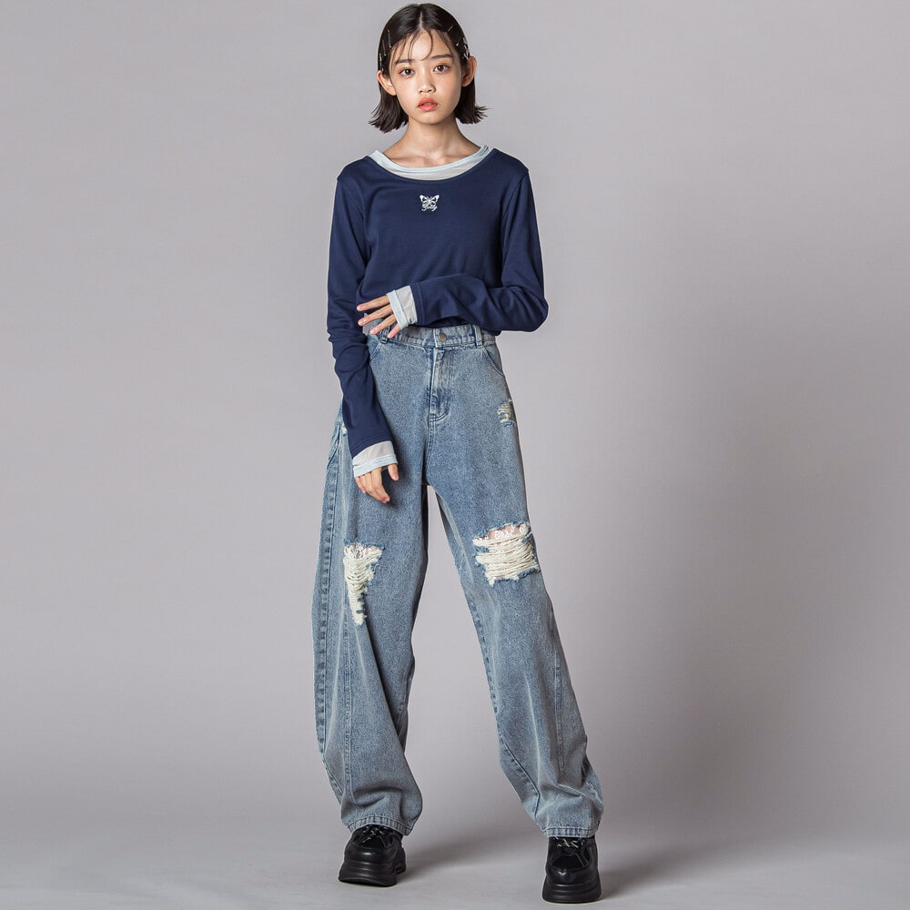 バタフライ刺しゅうシアーレイヤード風長袖トップス(130~160cm) グレー 130cm