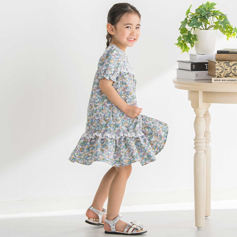 花刺しゅう+花プリントワンピース(95~150cm) パープル系 95cm