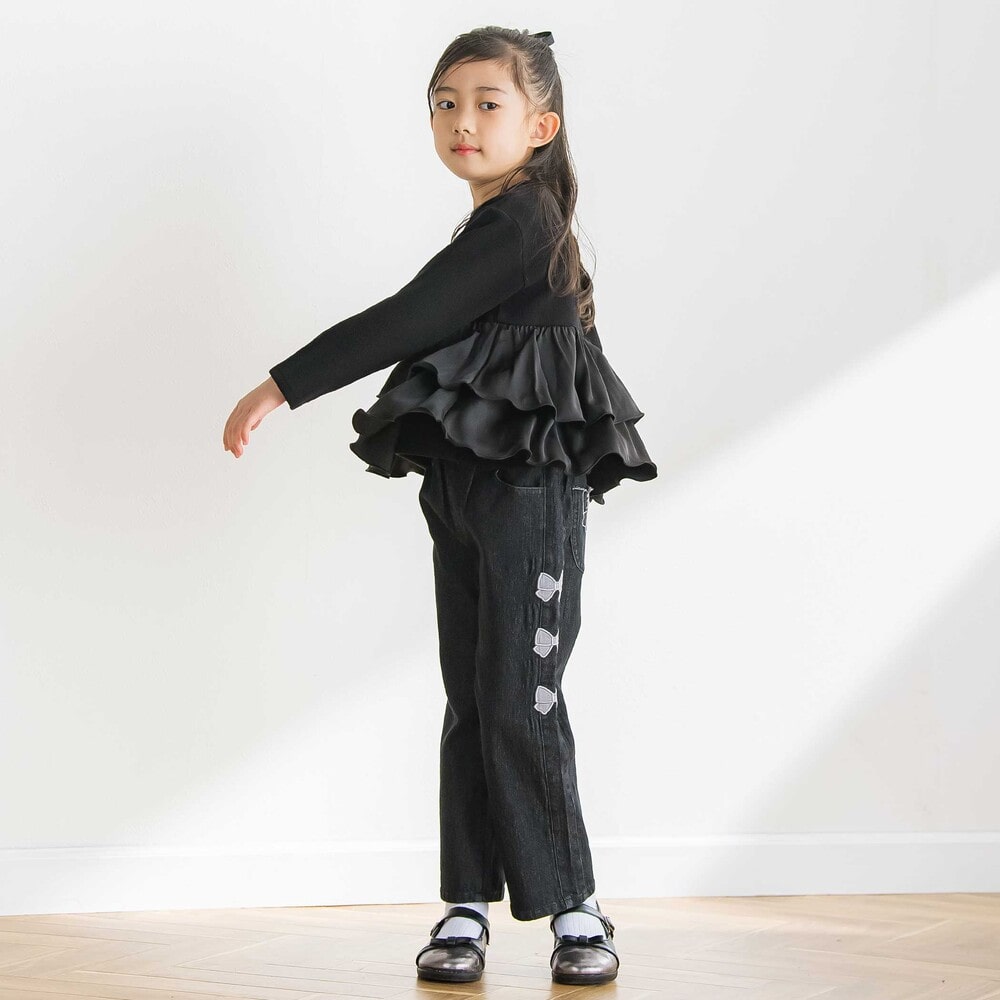 シフォン2段フリル 長袖カットソー(95~160cm) ブラック 95cm