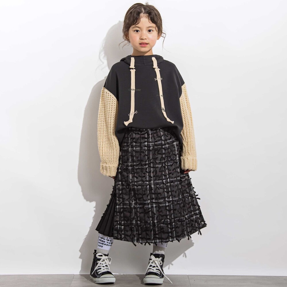 チュールリボンモチーフサイドプリーツスカート 親子お揃い(110~140cm) ブラック M(110~125cm)