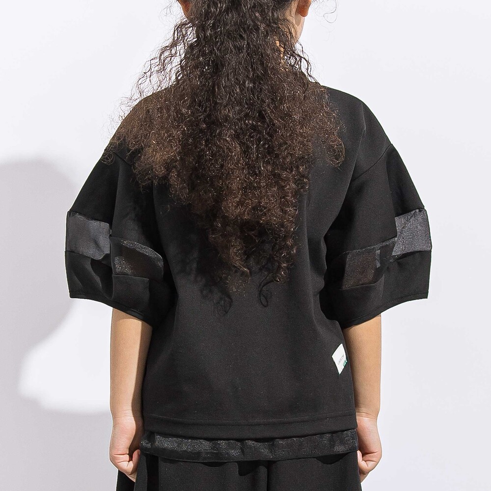 ポンチシアー切り替えポワン袖Tシャツ親子お揃い(110~140cm) ブラック M(110~125cm)