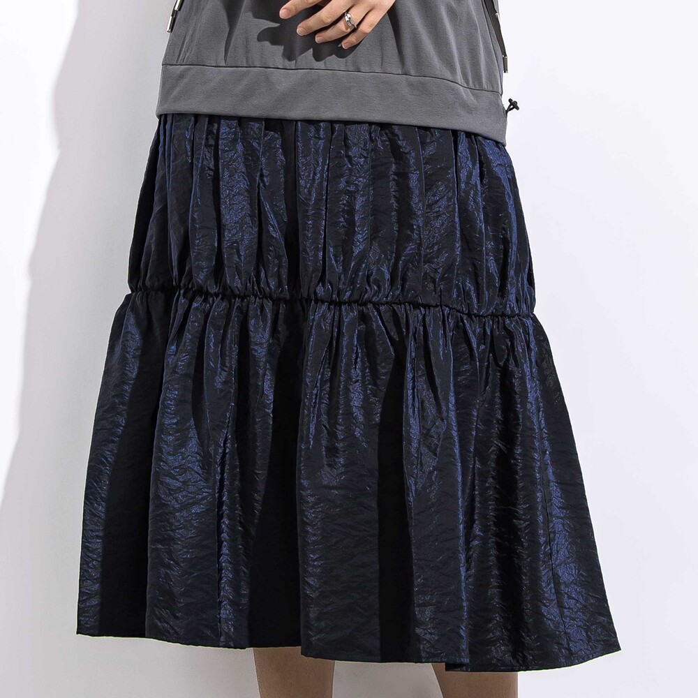 (ペチコート付)ポンチ+メタリックボイルスカートドッキング半袖ワンピース親子お揃い大人(140~160cm) ブラック S(140~150cm)