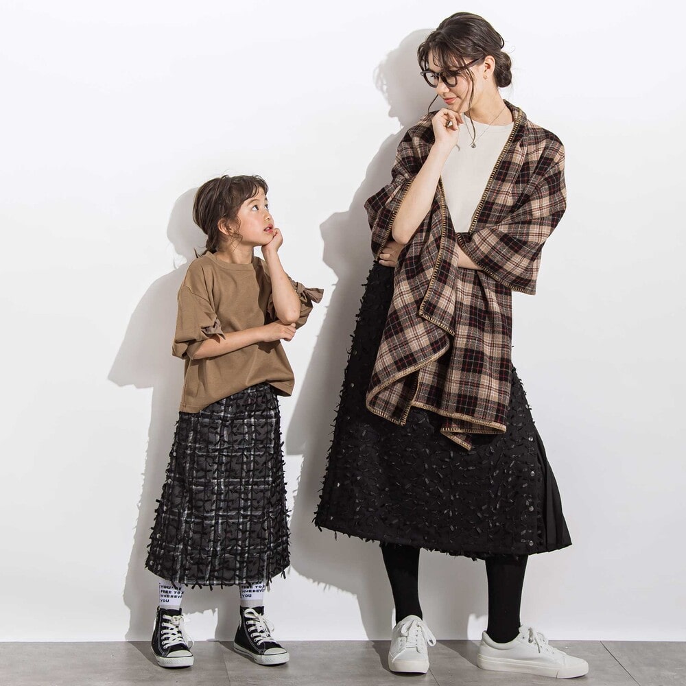 チュールリボンモチーフサイドプリーツスカート 親子お揃い 大人(140~160cm) ブラック S(140~150cm)