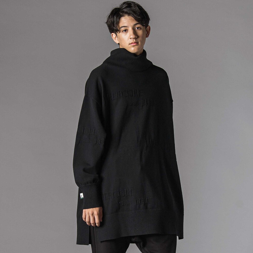 ロゴジャガードタートルネックロングセーター大人親子お揃い(145~175cm) ブラック M(145-160cm)