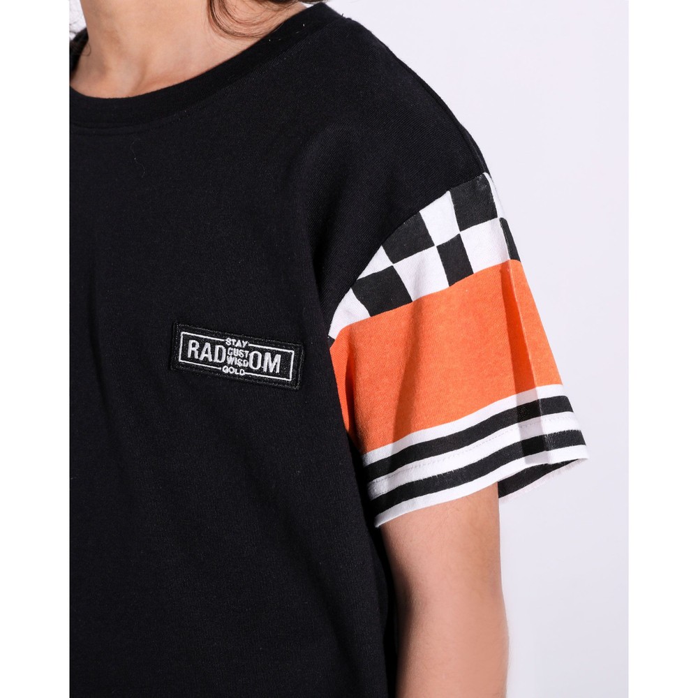 Bebe べべ Bebe Mall Official Online Storeフラッグチェック ボーダー 切り替え スリーブ Tシャツ 1 160cm 1cm ブラック トップス ベベ モール オフィシャルオンラインストア
