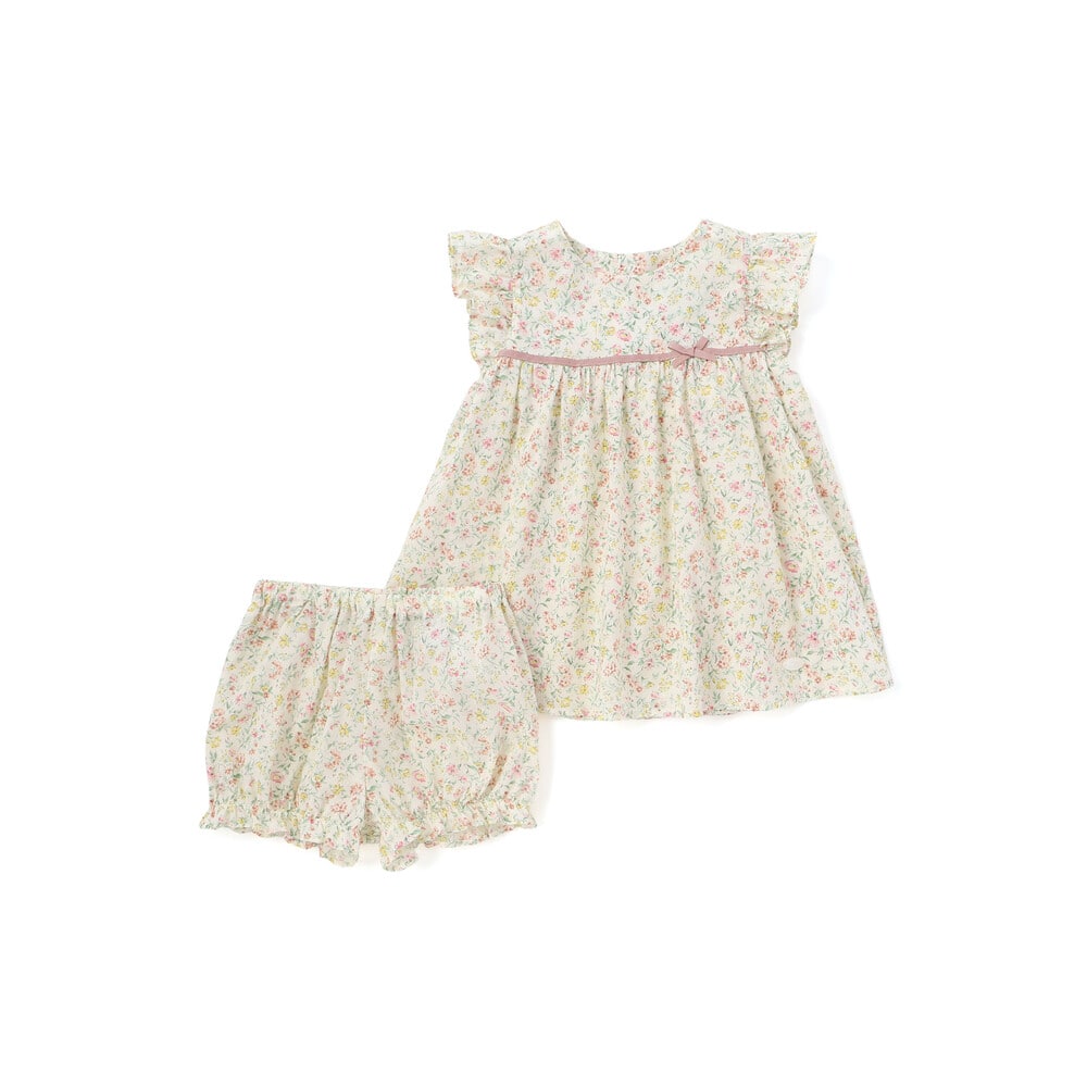 【お揃い】フリル袖 小花柄ワンピース+ブルマ 2点セットベビー(70~90cm) イエロー系 S