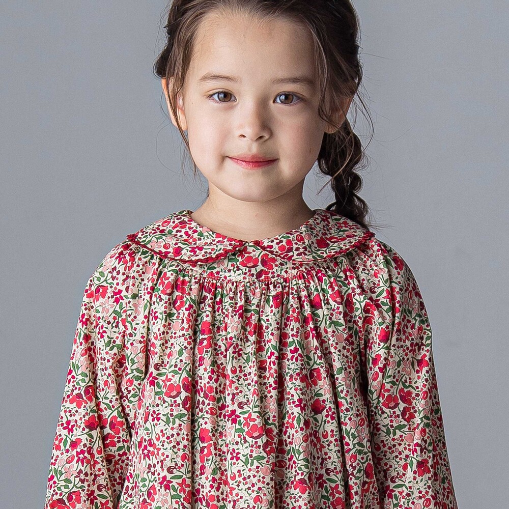 【日本製】リバティタナローン(Coward)花柄ワンピース(90~140cm) レッド系 100cm