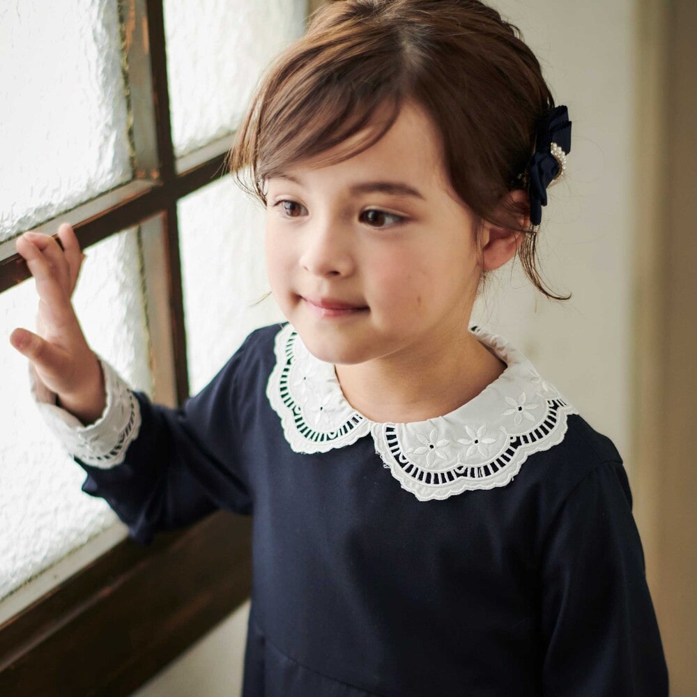 サイロコンパクトツイルレース襟袖ワンピース(110~130cm) ネイビー 110cm