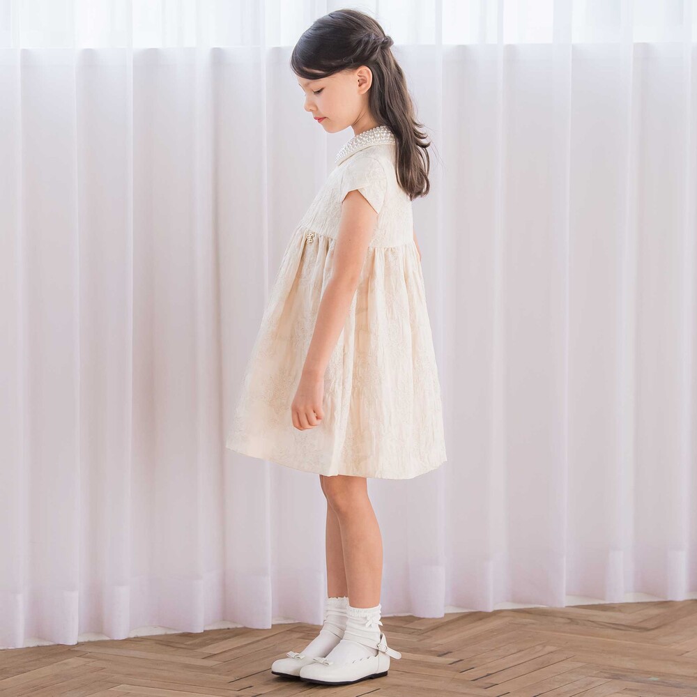 【日本製】ゴールドラメジャガード シャインフラワーワンピース(100~130cm) ベージュ系 100cm