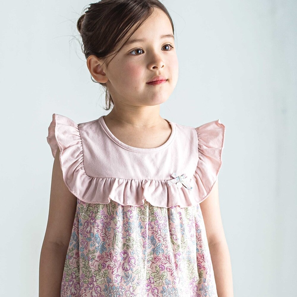 【日本製】【お揃い】リバティ(SweetPeaLeaf)プリントタナローンスムース切り替えワンピース(90~140cm) ピンク系 90cm