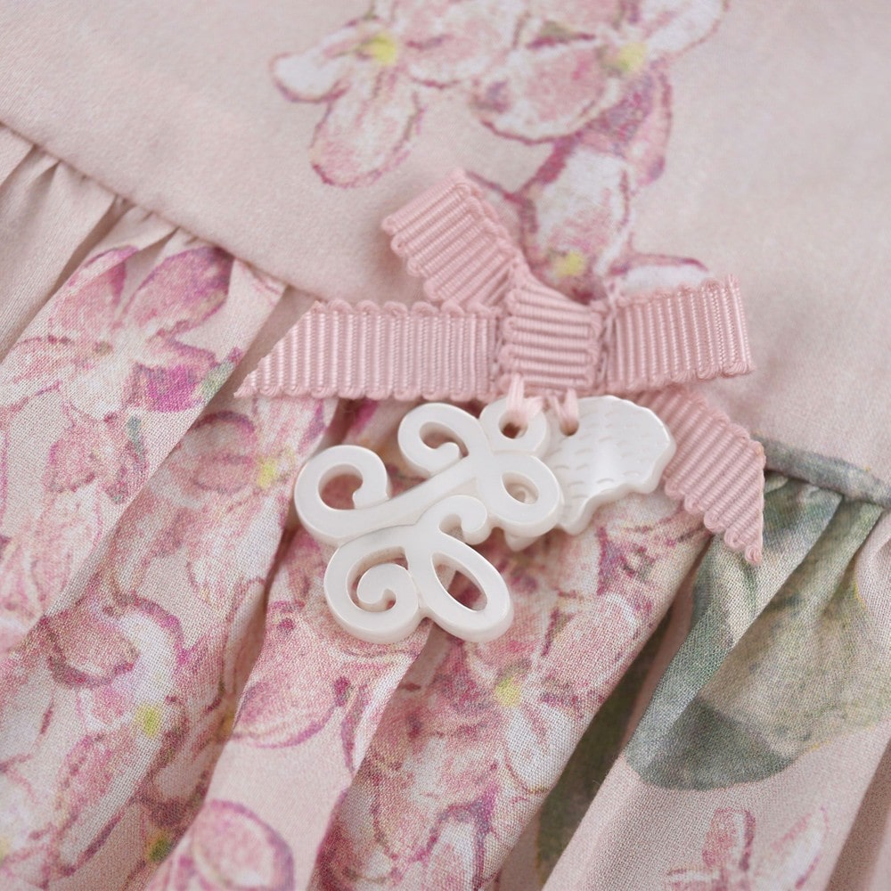 リバティ (ARCHIVE LILAC) 日本製 花柄 レース リボン フレア Aライン ワンピース (110cm~130cm)<br> ピンク系 110cm