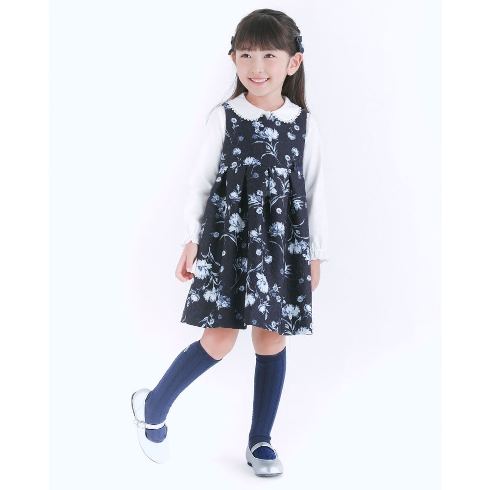 日本製 フォーマル ジャガード 花柄 リボン Aライン ワンピース ジャンパースカート ドレス (80cm~140cm) ネイビー系 80cm