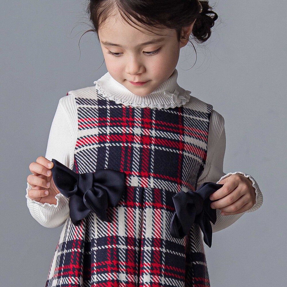 【日本製】【お揃い】ウールチェックサイドリボン付きジャンパースカート(90~140cm) ネイビー系 100cm