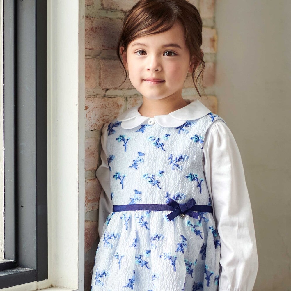 ジャガードフラワーリボン付きジャンパースカート(110~130cm) ブルー系 110cm