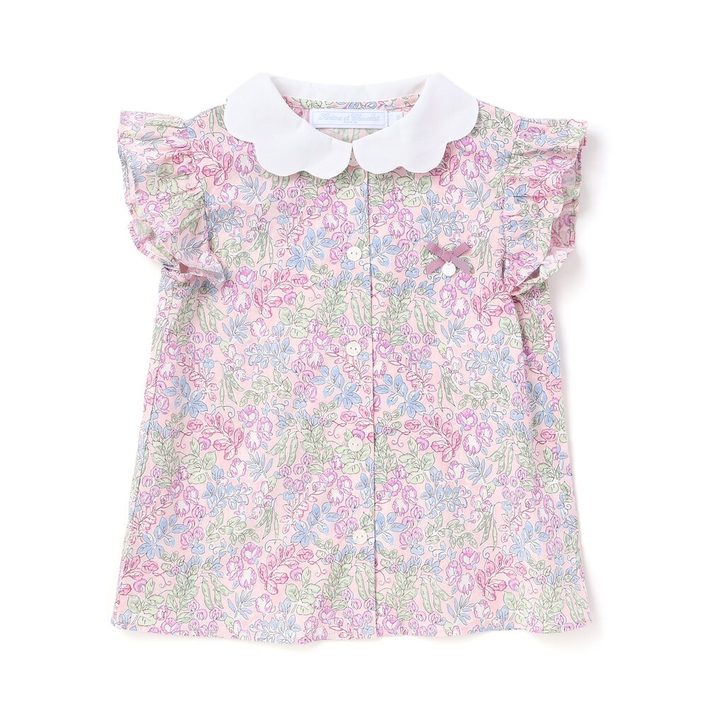 【お揃い】リバティ(SweetPeaLeaf)プリントタナローンスカラップ襟フリル袖ブラウス(100~140cm) ピンク系 100cm