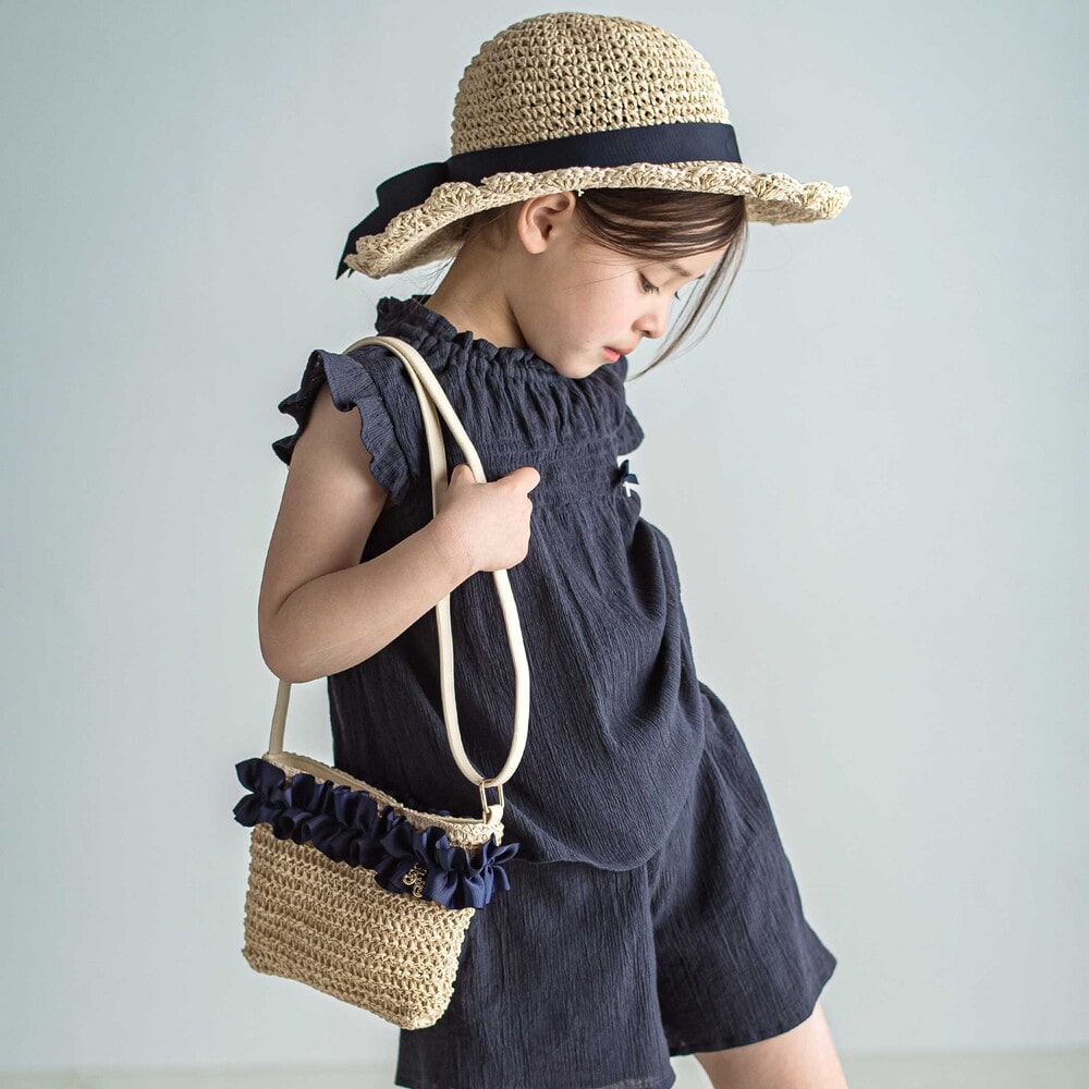 【UVカット】【お揃い】リボン付きブリムスカラップデザインペーパーハット(52~56cm) ネイビー 52cm