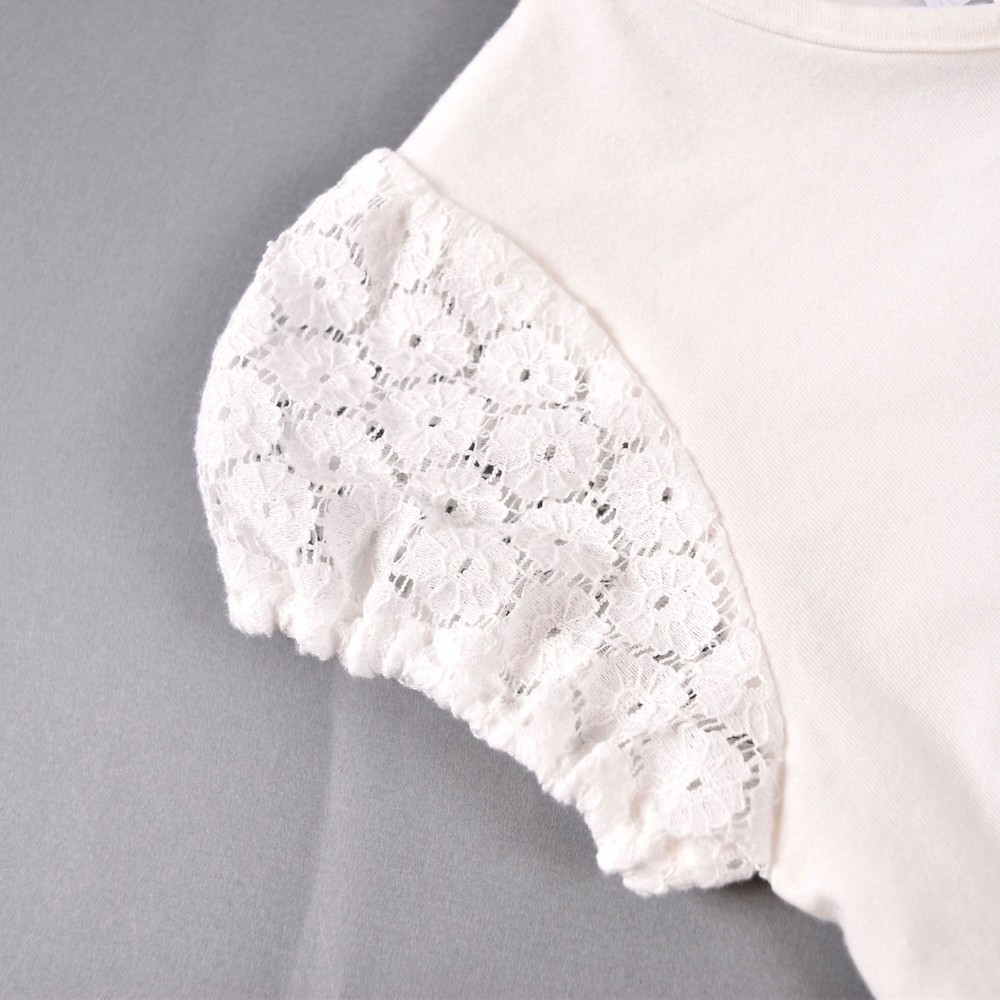 日本製 レース パフスリーブ リボン シンプル フェミニン 半袖 Tシャツ (80cm~100cm) ネイビー 100cm