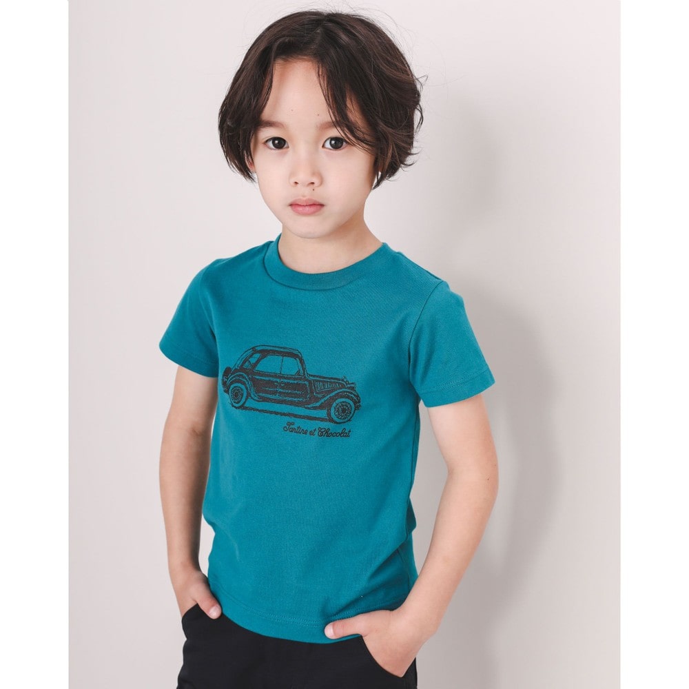 日本製 コットン TCロゴ 車 プリント 半袖 Tシャツ (90~110cm) グリーン 110cm