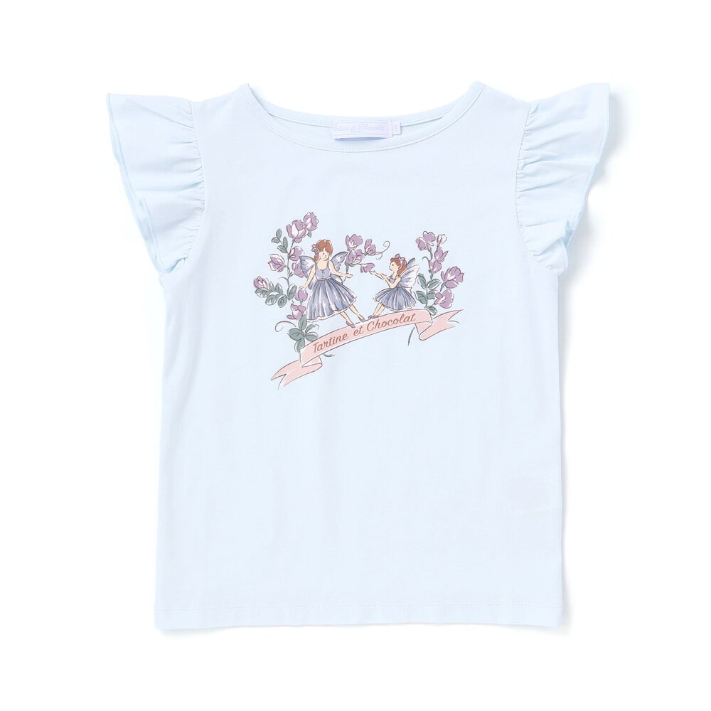 ベア天竺 袖フリルプリントTシャツ(90~140cm) ブルー 90cm