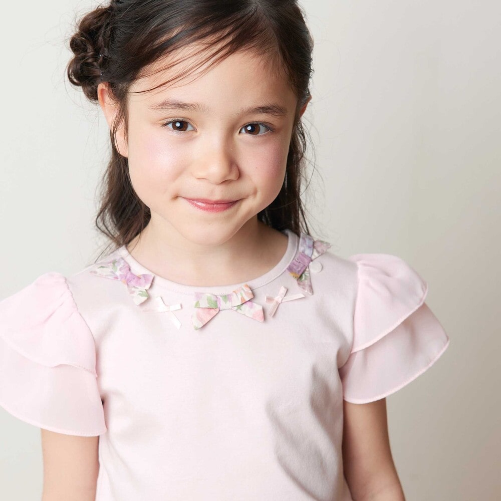 【お揃い】リバティ(MARINA'S WALK)プリントリボンモチーフ 袖シフォンTシャツ(100~140cm) ピンク 100cm