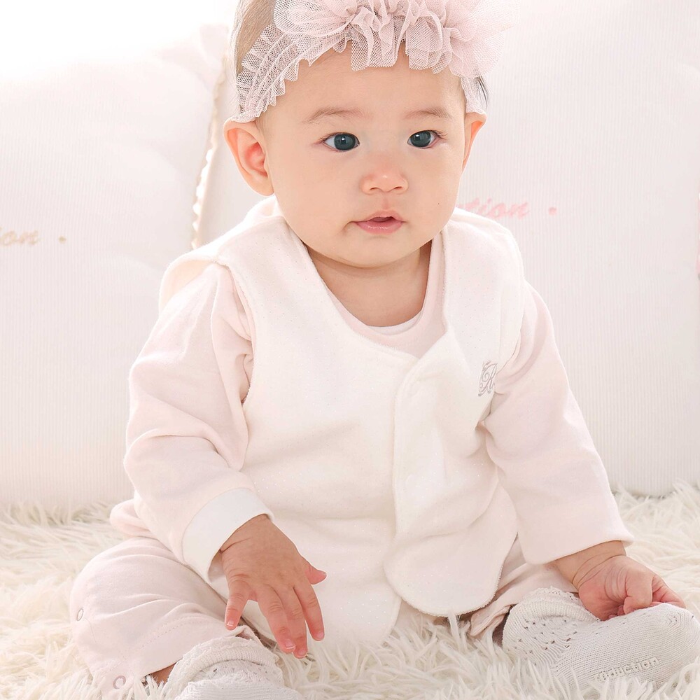 【日本製】スモッキングカバーオール&ベスト&スタイセット(70~80cm) ピンク 70cm