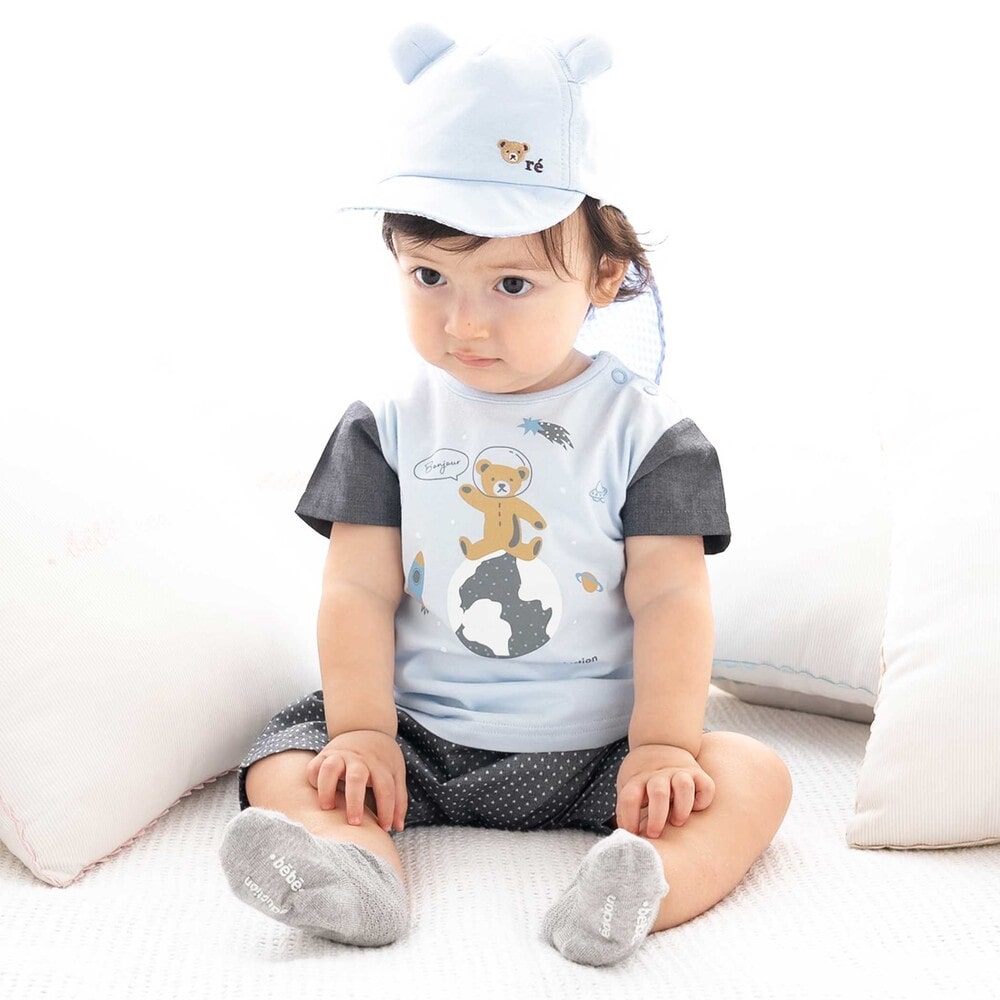 天竺半袖Tシャツ&ダンガリーパンツセット(70~90cm) ブルー系 S(70-80cm)