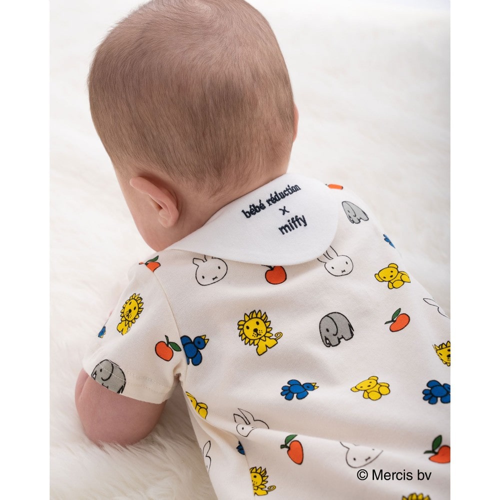 【miffy×bebe reduction コラボアイテム】ミッフィー 動物 総柄 半袖 カバーオール (70~90cm) オフホワイト系 70cm