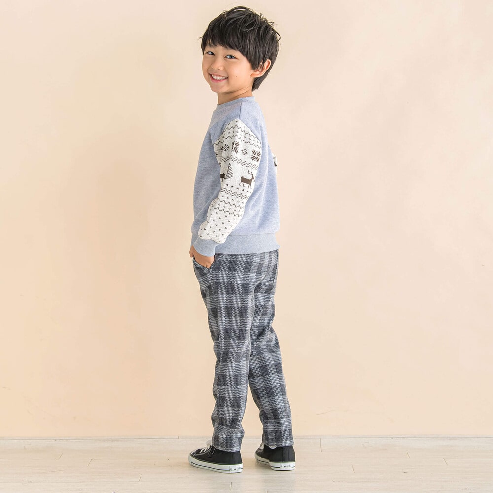 【お揃い】起毛トナカイ柄袖切り替えトレーナー(80~130cm) イエロー 80cm