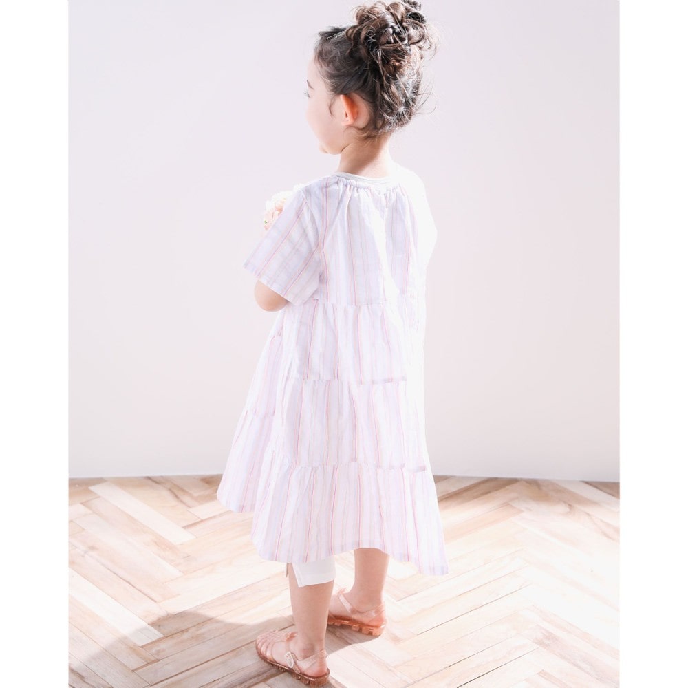 ストライプ ティアード 裏地付 ワンピース (90~130cm) オレンジ系 130cm