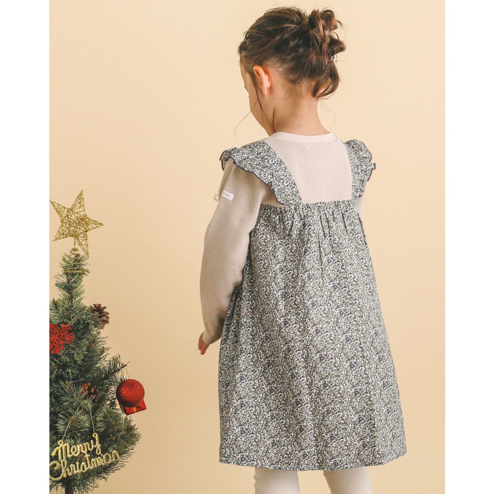 【 お揃い 】 花柄 プリント スモッキング 刺繍 ドッキング Wフェイス ワンピース (80~130cm) グリーン系 110cm