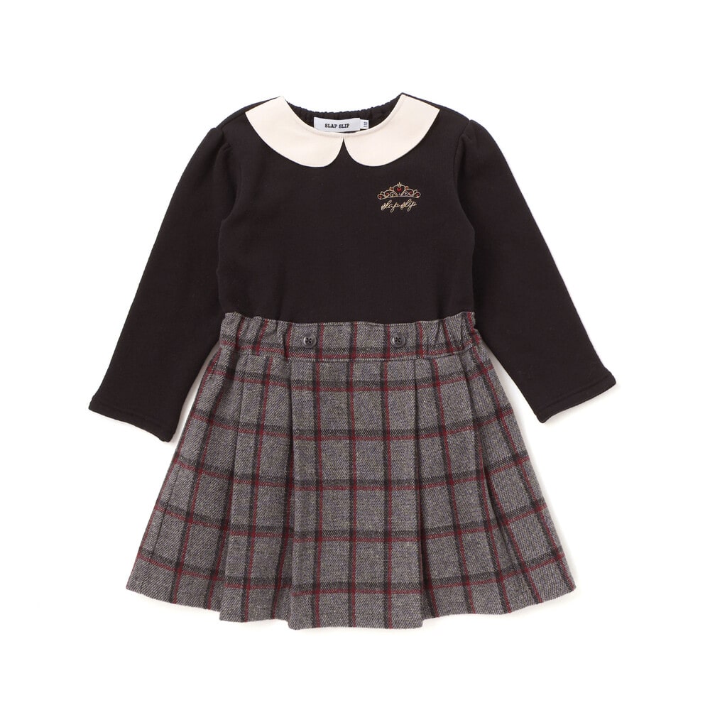 ティアラ刺しゅう付きチェックプリーツドッキングワンピース(90~130cm) ブラック×グレー系 90cm