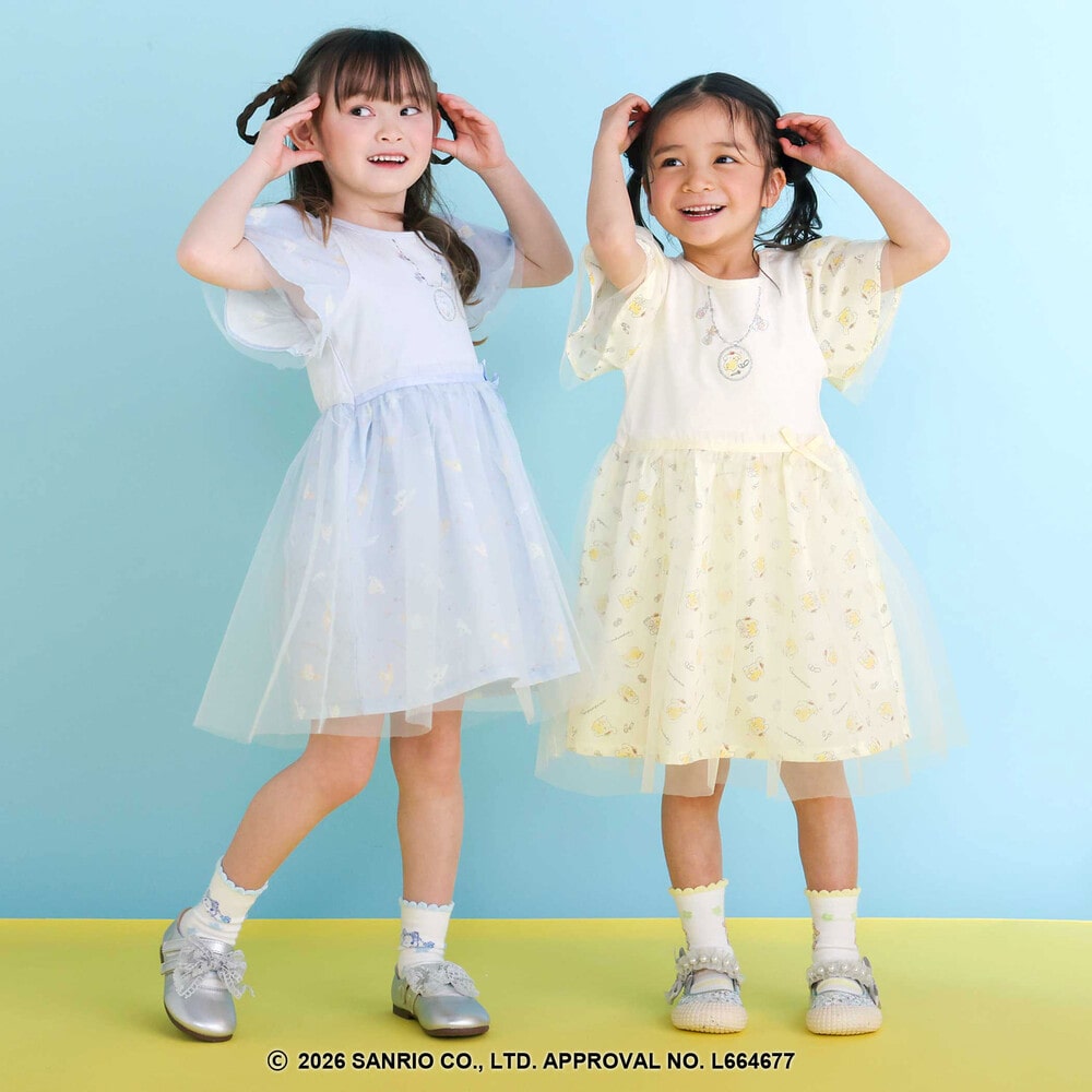 【シナモロール/ポムポムプリン×SLAPSLIP】総柄プリントふわっとチュールフレアワンピース(90~130cm) イエロー 90cm