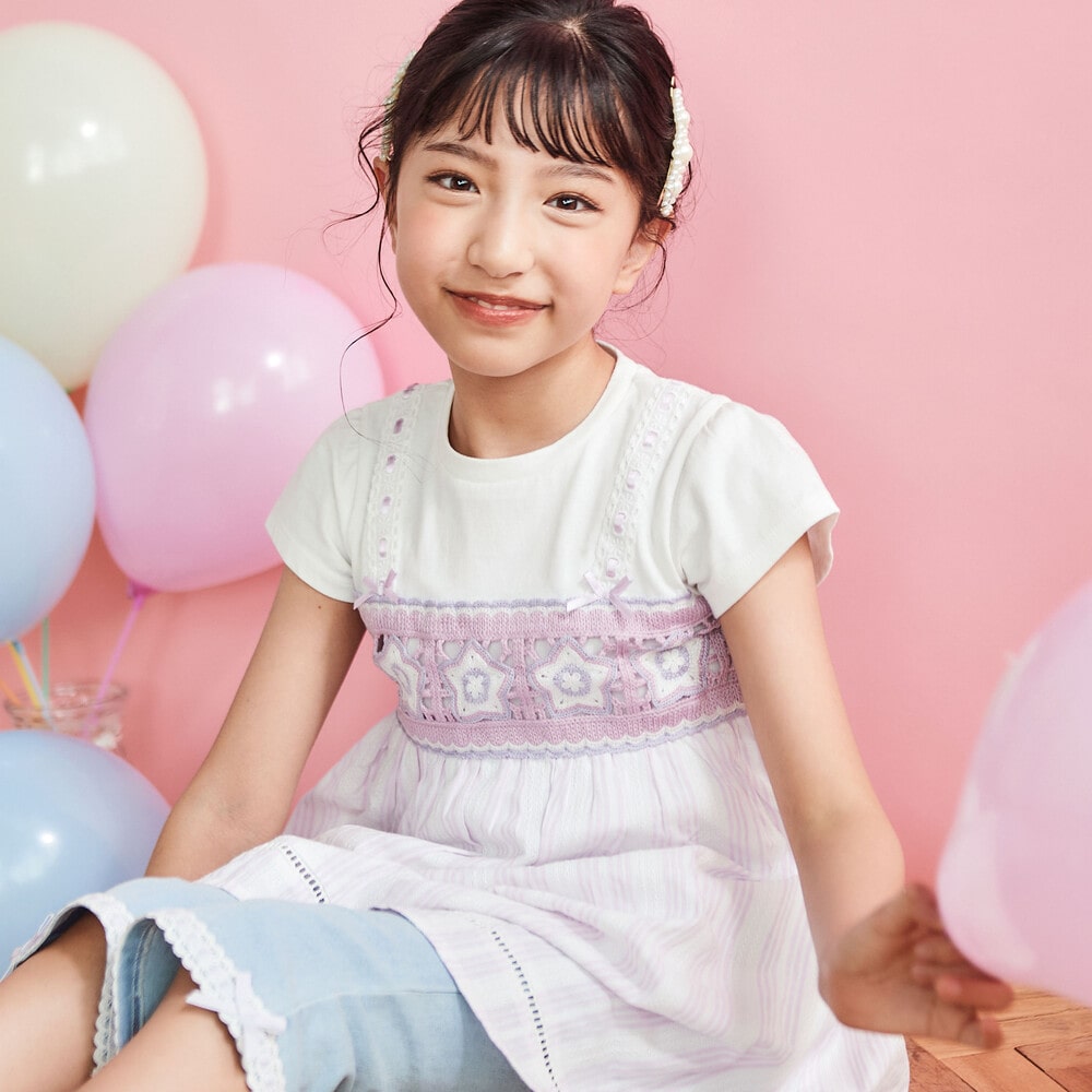 【お揃い】かぎ編み風レースビスチェドッキング天竺ワンピース(80~130cm) パープル系 80cm