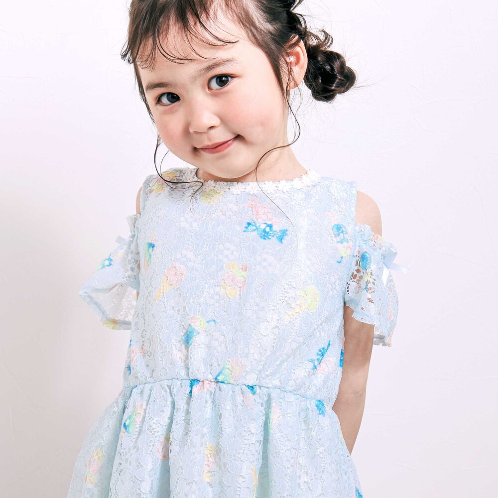 【お揃い】花柄レースアイス総柄肩明きワンピース(90~130cm) ブルー系 90cm