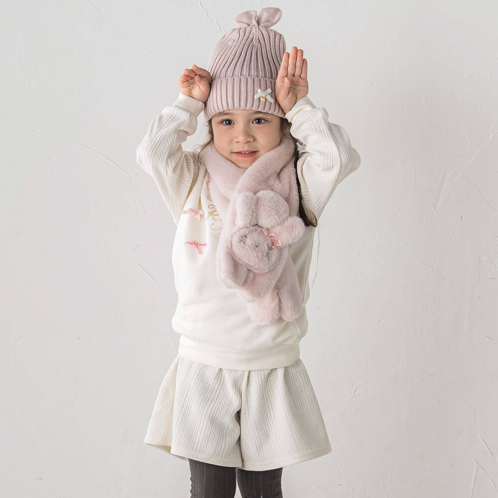 きらめくグリッタープリント切り替えトレーナー+ケーブル編みチェックショートパンツ2点セット(80~130cm) オフホワイト 80cm