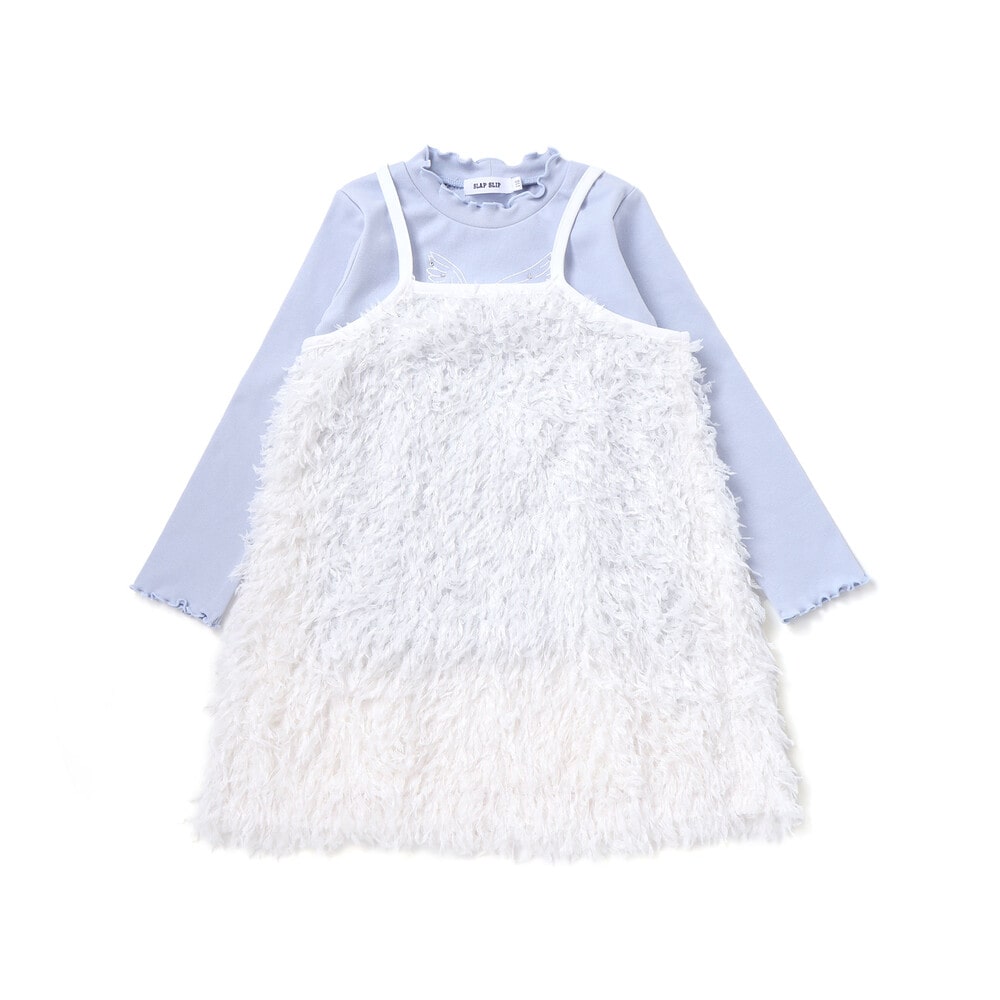 キラキラモチーフ長袖Tシャツ+ファーキャミワンピセット(90~130cm) 薄ブルー×オフホワイト 90cm