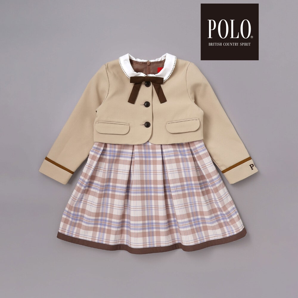 【POLO BCS(ポロ・ビーシーエス)×SLAP SLIPコラボ】袖切り替えジャケット+襟リボン付きチェックワンピース(110~130cm) ベージュ系 110cm