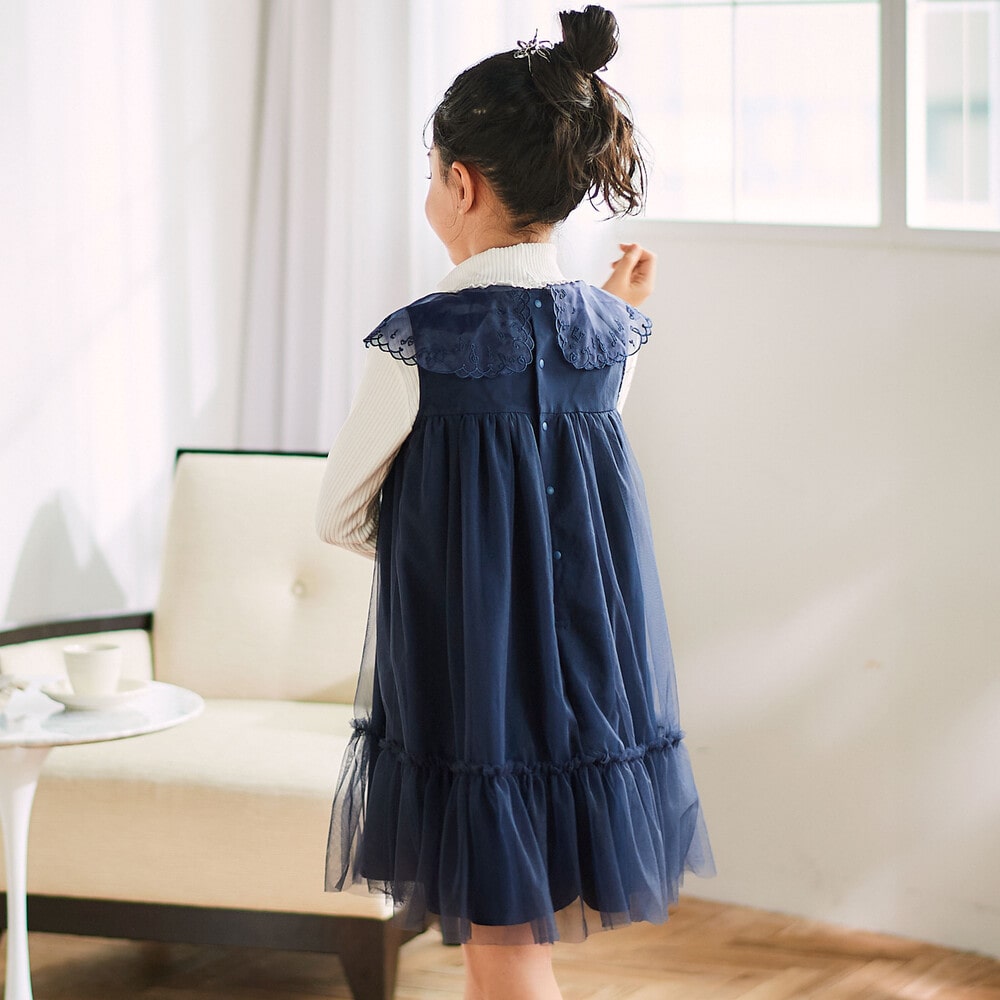 ハート音符刺しゅうオーガンジービッグカラーワンピース(80~130cm) ネイビー 80cm